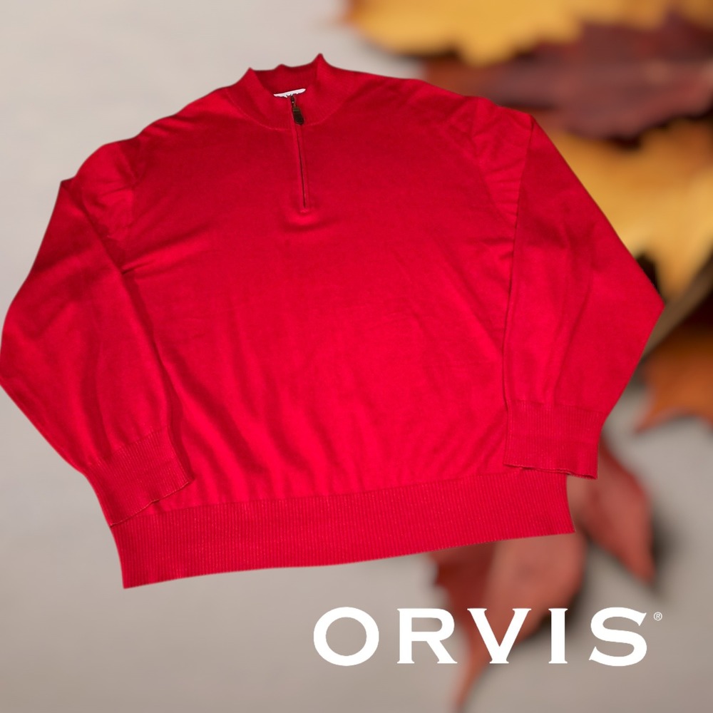 Orvis Quarter Zip Sweater Mens Silk Cashmere Blend Pullover Red XL‎